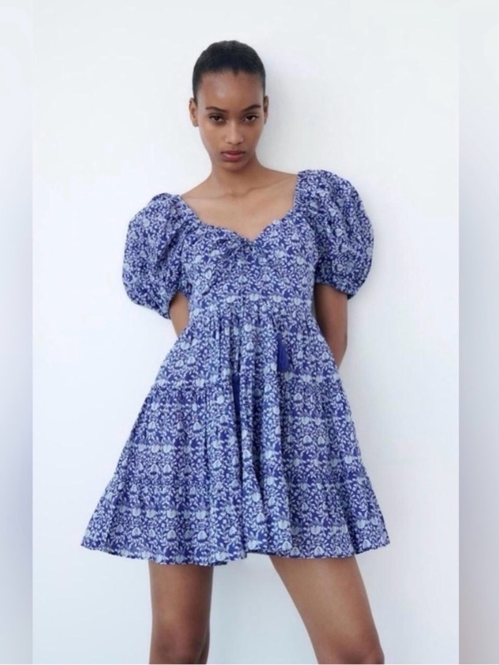 Zara Blue Floral Puff-Sleeve Tiered Mini Dress Size Small